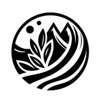 Minimalist Black and White Emblem Depicting Mountains, Foliage, and Water in a Circular Composition, Representing Natures Balance. vector