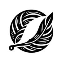 A stylized, illustration of a feather enclosed within a circular frame, created with bold black lines on a white background, conveying simplicity and balance. vector