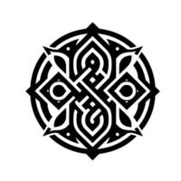 Intricate Celtic Knotwork Design A symmetrical, black and white illustration featuring interwoven lines, geometric shapes, and symbolic elements within a circular composition, suggestive of ancient a vector