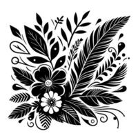 Monochromatic Floral and Feather Arrangement Illustration of Botanical Elements in Bold Black and White Design. vector