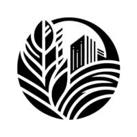 Black and white minimalist of a leaf and skyscraper within a circle, representing urban agriculture and sustainable growth. vector