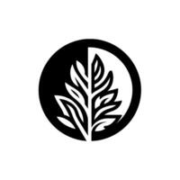 Symmetrical Leaf Design A black and white leaf emblem, bisected by a circle and set against a bright white background. vector
