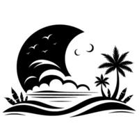 A serene, black and white coastal illustration featuring a stylized moon, clouds, palm trees, and birds, creating a tranquil, minimalist beach scene. vector