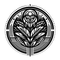 Intricate black and white botanical illustration depicting a stylized floral arrangement within a circular frame with dotted borders and geometric elements, exuding a sense of symmetry and balance. vector