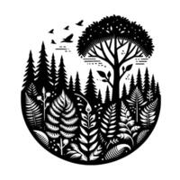 A stylized, circular, black and white illustration showcases a thriving forest ecosystem, with diverse flora, soaring birds, and a large, leafy tree under a serene sky. vector