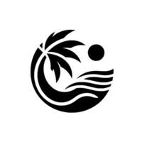 A stylized black and white circular design, showcasing a tropical scene with a palm tree, sun, and waves, evoking a sense of serenity and vacation. vector