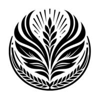 Stylized Black and White Floral Emblem A symmetrical featuring abstract leaves, wheat, and radiating lines enclosed within a circular frame, conveying harmony and elegance. vector