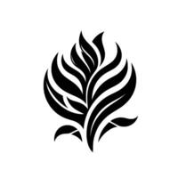 A stylized, symmetrical black floral emblem against a pristine white backdrop, featuring curved leaflike elements radiating outwards. vector