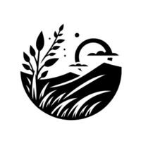 Black and white minimalist landscape features stylized mountains, sun, vegetation, and circular composition, invoking a sense of serene nature. vector