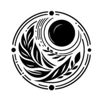 Intricate Monochrome Mandala Circular artwork featuring leaves, moon shape, lines, and dots, forming a balanced and symmetrical design. vector