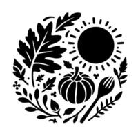 A circular, minimalist black and white illustration featuring autumnal elements a pumpkin, sun, foliage, and fork, celebrating harvest. vector