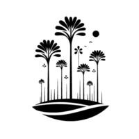 Black and White Silhouette of Abstract Flora on an Oval Landscape with Sun and Birds vector