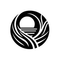 Abstract Black and White Circular Depicting Sunrise Over Water Enclosed by Stylized Leaves, A Modern, Illustration. vector