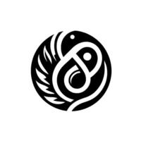 A Minimalist Black and White Circular Emblem with Abstract Organic Shapes and a FeatherLike Motif, Set Against a Plain White Background. vector