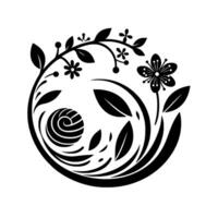 Elegant Black and White Floral Composition Circular Arrangement of Flowers, Leaves, and Ornate Details, Representing Growth and Harmony. vector