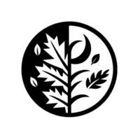 A symmetrical, black and white illustrating duality a stylized tree, leaves, and crescent moon within a circular frame representing balance and harmony. vector