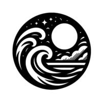 Black White Circular Art Waves, Moon, Stars, Clouds, and Water in a Minimalist Style. vector