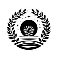 A minimalist emblem of a silhouetted tree, set against a circular backdrop and a laurel wreath, adorned with stars, symbolizing growth, peace, and tranquility. vector