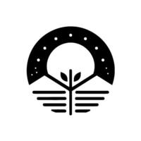 Minimalist Black and White Emblem A stylized tree nestled between mountains, under a starry night sky, and reflected in water. vector