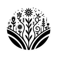 Whimsical Black and White Floral Illustration A stylized, circular composition featuring a variety of blooms and greenery on a layered landscape. vector