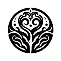 Intricate Black and White Circular Featuring a Stylized Heart and Floral Elements within a Decorative Border, Isolated on White. vector