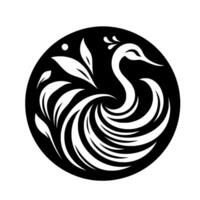 Intricate White Heron within a Black Circle, Featuring Elegant Swirls of Feathers and Leaves, Symbolic of Grace and Natures Harmony. vector