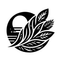 A minimalist black and white composition of a stylized leaf cluster against a backdrop of a sun and sea or horizon, within a circular frame. vector