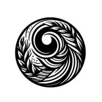 Intricate black and white circular featuring stylized floral and geometric elements, forming a spiral pattern, radiating outwards. vector