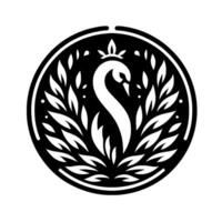 Elegant Swan Crest A Monochrome Featuring a Crowned Swan Surrounded by Leafy Embellishments within a Circular Frame. vector