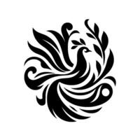 Stylized Black Bird in Decorative Foliage Design, Isolated on White, Featuring Intricate Curves and Spirals, Evoking Elegance vector