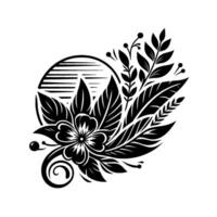 Intricate black and white floral design, featuring a central flower with detailed petals and surrounding leaves, twigs, and berries, enclosed in a stylized halfcircle. vector