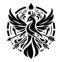 A striking monochrome emblem of a phoenix, stylized with geometric patterns and arrows, rising from a circular design, exuding strength and grace. vector