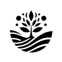 A minimalist black and white depicting a stylized tree growing in a bowlshaped landscape, with celestial orbs. vector