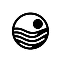 A minimalist, black and white circular featuring a sun and stylized waves within a border, evoking serenity. vector