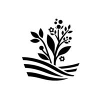 Monochrome stylized plant illustration with flowers, berries, and leaves emerging from a textured base on a white backdrop. vector