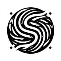 A monochrome, intricate circular design, featuring swirling black and white curved lines, resembling an organic shape with hints of pixelated accents in a minimalist style. vector