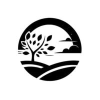 Serene Black and White Circular Landscape Featuring a Tree, Rolling Hills, and Clouds, Evoking Tranquility. vector