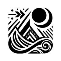 Abstract Black and White Geometric Composition Featuring a Mountain, SunMoon, and Ocean, with Arrows, Lines, and Swirls, against a White Background. vector
