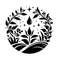 Intricate black and white botanical illustration, featuring leaves, flowers, water drop, stars, creating a harmonious circle, with fields. vector