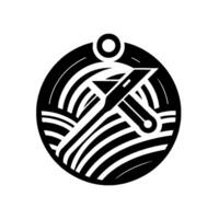 Abstract Emblem of Airplane in Flight, Depicted in a Circular Composition with Bold Black and White Lines and Dot Accent. vector
