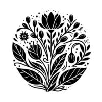 Elegant floral in black and white, showcasing a stylized blooming flower with surrounding leaves, buds, and delicate dots arranged in a circular composition. vector