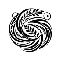 Abstract black and white circular featuring swirling lines, stylized foliage branches, and minimalist, symbolic circular elements, suggesting harmony and balance. vector