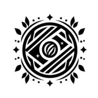 Intricate Black and White Geometric Mandala with Circular Elements, Botanical Accents, and Starburst Outer Edge on White vector