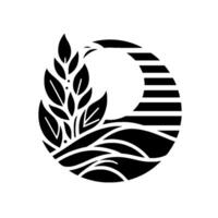 Monochromatic, stylized circular emblem featuring foliage and stylized landscape elements within a segmented circle. vector