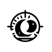 illustration of a celestial in black and white, featuring crescent moons, stars, a sunlike circle, and crosshair elements. vector