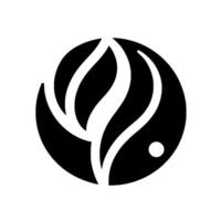 Abstract, minimalistic featuring a stylized fish composed of black and white elements arranged within a circular frame, hinting at fluidity and balance. vector