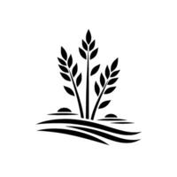 Minimalist Black and White Illustration of Wheat Stalks Growing from Curved Lines, Representing Field with Sun. vector