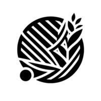 Abstract black and white featuring a textured sphere with stylized leaves and a small circular element, creating a geometric minimalist artwork. vector