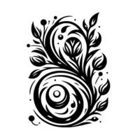 Intricate black and white floral illustration featuring swirling patterns, leaves, and stylized flower buds against a crisp white backdrop, creating a sense of elegant minimalism. vector