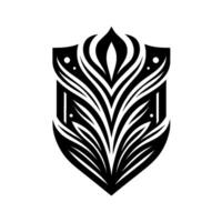 A symmetrical black and white illustration showcasing a stylized shield emblem with floral elements and dot accents, exuding a sense of elegance and classic design. vector